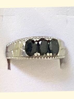 Genuine Black Spinel 3 Stone Stainless Steel Trilogy Ring Sz 7 NWOT Classic Gift